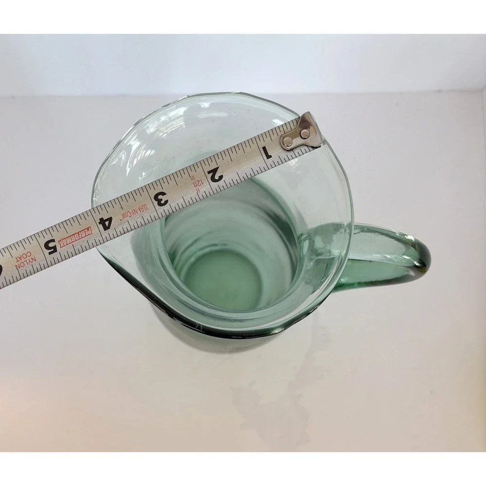 Water Pitcher Carafe with Handle Art Glass Hand Blown Jug Bubbles Green- VTG